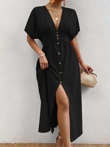 Women's Plain Button Front Short Sleeve Dress, Elegant   Dress for Party Holiday Wedding Guest, Ladies Summer Clothes