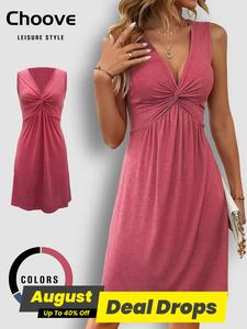 Women's Plain Twist Ruched Deep V Neck Basic Tank Dress, Minimalist Fit Casual Sleeveless A Line Short Dress for Daily Outdoor Wear, Ladies Clothes for All Seasons, Womenswear, Casual Fashion Summer Dress