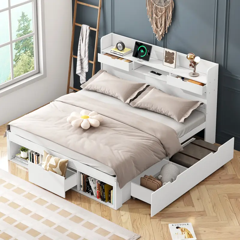Double bed, Double Bed-4ft6(135*190cm), With USB port & drawers & storage cabinet, Children's bed, Youth bed, Multifunctional bed, Large storage space, without mattress, white 4