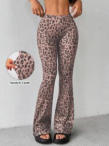 Women's Leopard Print Bell Bottoms, Casual Comfy Flare Leg Trousers for Spring & Fall, Women's Bottoms for Daily Wear