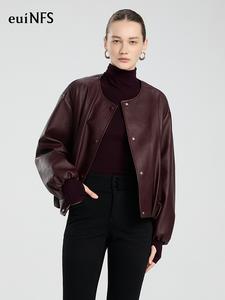 【euiNFS】Women’s Faux Leather Bomber Jacket | Oversized Round-Neck PU Coat | Vintage Burgundy Button-Up Outerwear | Casual Chic Fall/Winter Jacket【E403014】