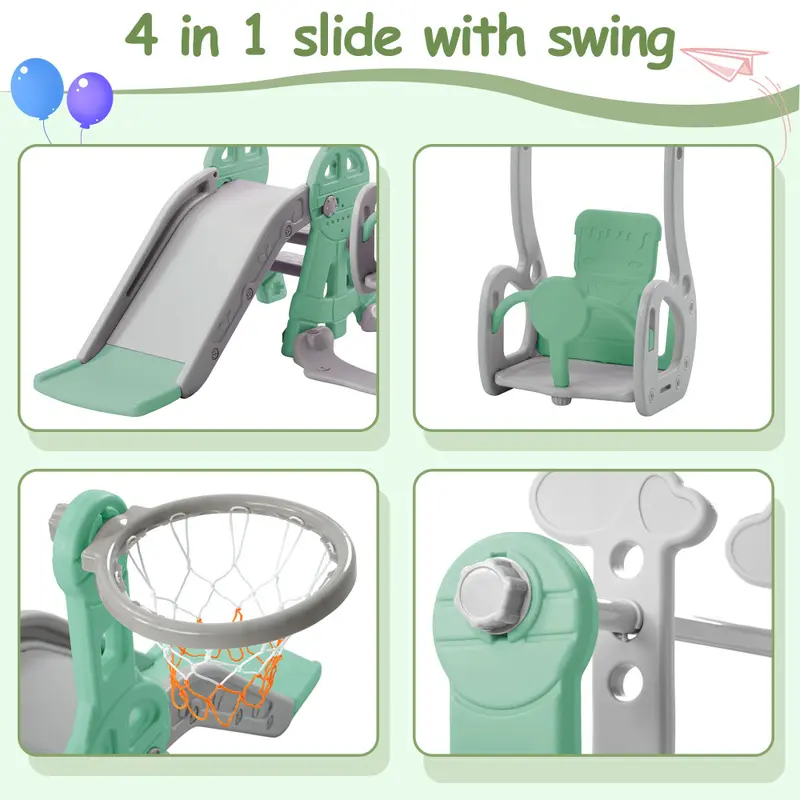 Slide for children, 4 in 1 children's slide, swing with basketball stand, climbing ladder, swing, slide, garden slide for indoor and outdoor use. 5