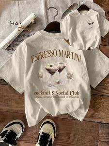 Women's Espresso Martini Cocktail Print Round Neck Tee, Casual Short Sleeve T-shirt for Daily Wear, Ladies Sleepwear for Fall, Top