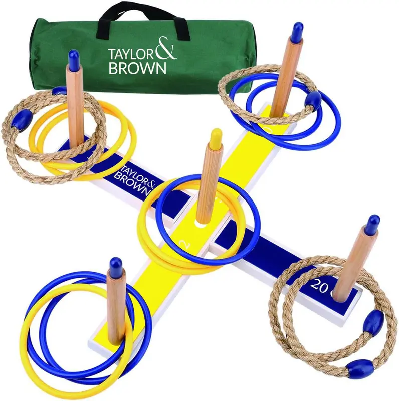 Giant Quoits Wooden Ring Toss Game, Classic Hoopla Outdoor Games, 5 Rope Quoits Set with Accessories and Bag, Indoor/Outdoor Fun Activity Game Set for Kids/Adults 0