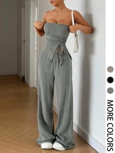 Women's Solid Tie Front Top & Wide Leg Pants Two-piece Set, Casual Fashion Cozy Top & Trousers for Daily Outdoor Wear, Ladies Summer Clothes