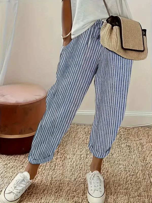 Baggy Legged Pants, Women's Striped Wide-Leg Casual Pants – High Waisted, Comfortable All-Season Wear, Side Stripe Detail, Machine Washable, Perfect for Casual Outings, Travel, Beach Days, Vacation, Resort Wear, Relaxing Weekend, Summer Daily Wear 2