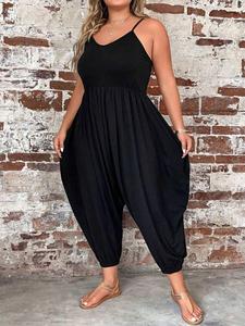 Plus Size Solid Scoop Neck Backless Cami Harem Jumpsuit, Casual Adjustable Spaghetti Strap Jumpsuit for Summer, Women's Plus Clothing for Daily Wear