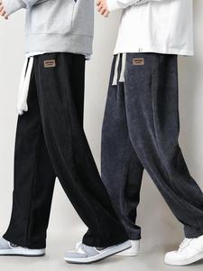 Men's Letter Patched Drawstring Waist Corduroy Pants, Casual Comfy Wide Leg Trousers for Fall & Winter, Men's Bottoms for Daily Wear