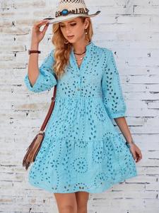 Women's Plain Embroidered Hollow Out Dress, Casual Elegant V Neck Dress for Summer, Ladies Clothes for Daily Wear, Sun Dress, Summer Dresses