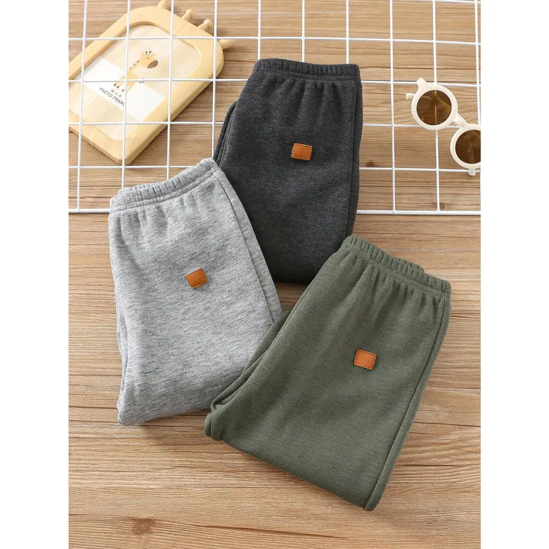 3pcs Baby Boy Casual Solid Color Thermal Lined Elastic Waist Pants, Suitable For Autumn/Winter 6