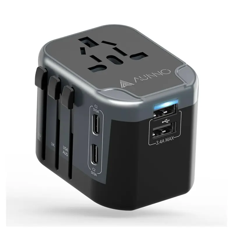 AUNNO Universal Travel Adapter, International Travel Plug Adapter with 2 USB-C and 2 USB Ports, All in One Plug Adaptor with Dual Safety Fuses, UK to European Plug Adaptor 0
