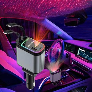 4 in 1 Car Charger, 1 Count 66W Car Charger with Dual Retractable Cable, Fast Charging Car Charger with Starry Sky Projector Light