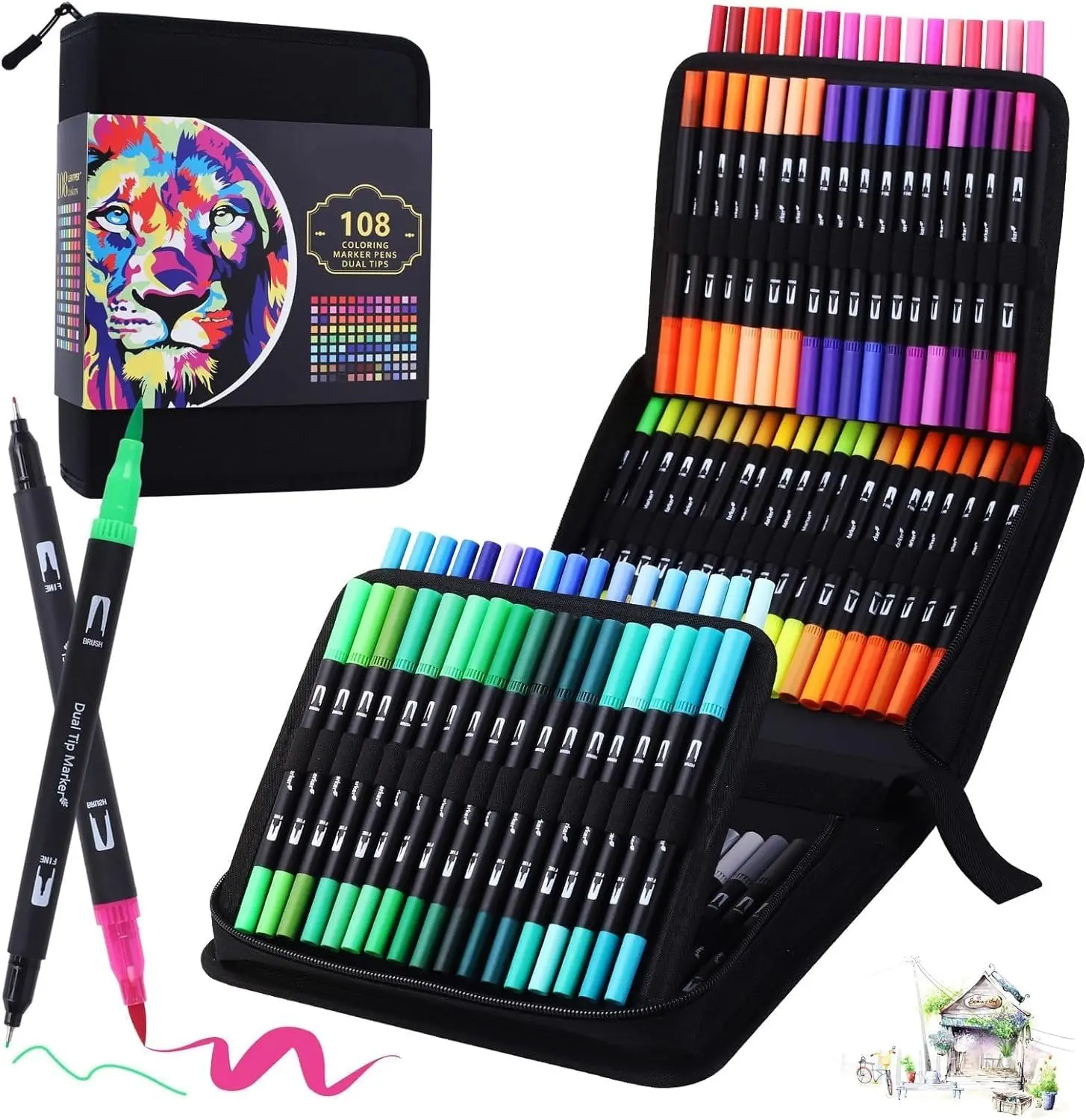 BEMAYSZ 108 Dual Tip Colouring Pens Brush Pens Felt Tip Pens, Pens for Adult Colouring Books Calligraphy Drawing Painting Sketching Highlighting