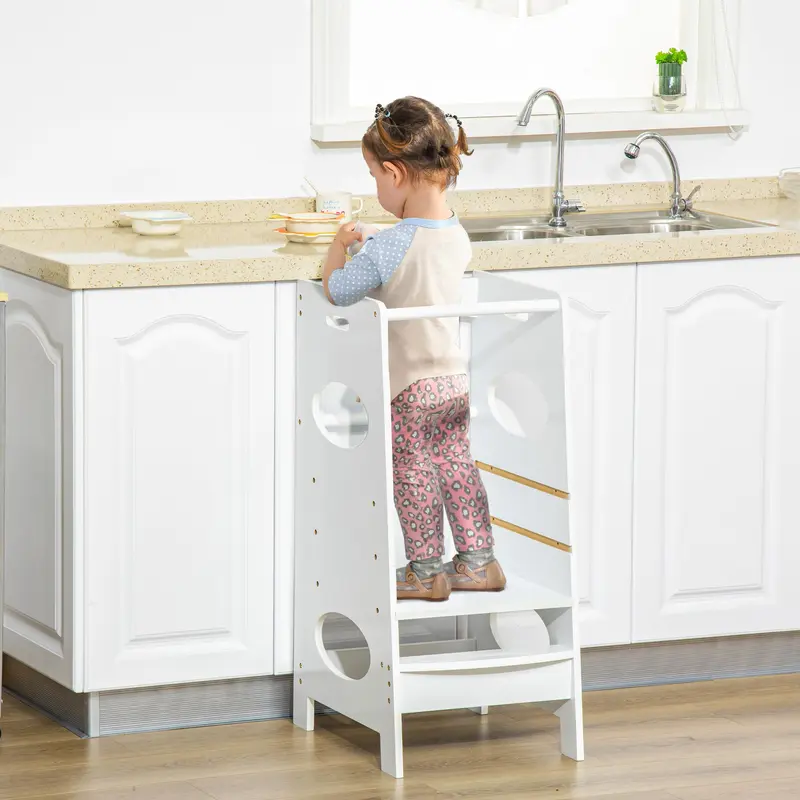 HOMCOM Toddler Step Stool Kids Adjustable Standing Tower with Safety Rail for Kitchen Counter White 1