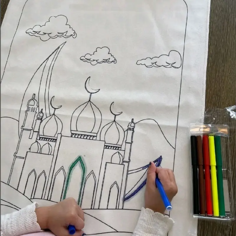Colouring Prayer Mat set includes prayer mat, fabric coloured pencils, and a box. 2