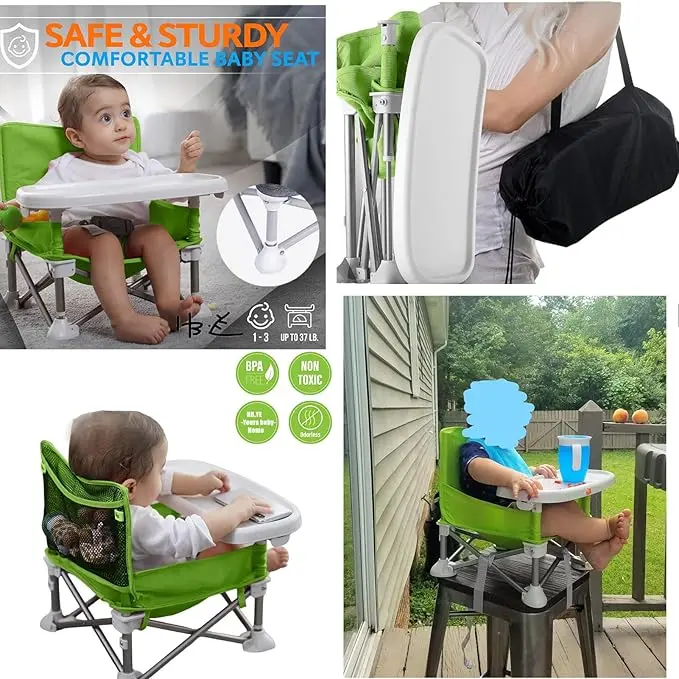 Baby Folding Dining Chair Portable High Multifunctional Child Little Seat Dining Aluminum Alloy Travel Compact Booster Seat with Tray Green 5