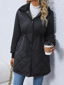 Women's Solid Drawstring Pocket Button Front Winter Coat Without Necklace & Sweater, Casual Long Sleeve Quilted Outerwear For Fall & Winter, Women's Clothing For Daily Wear
