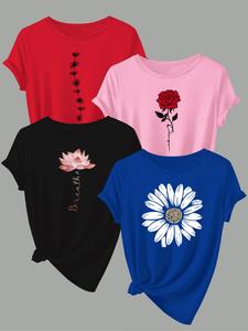 Women's Floral Print Round Neck Tee, Casual Short Sleeve Crew Neck T-shirt for Daily Wear, Ladies Clothes for All Seasons, Top