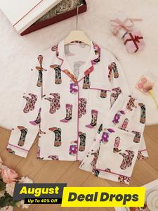 Women's Shoes Print Top & Pants Pyjama Set, Casual Comfy Long Sleeve Lapel Neck Top & Trousers Pyjama Set, Ladies Longsleeves Sleepwear for Spring & Fall, Pajamas, Womenswear