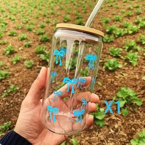 Bow Pattern Glass Cup, 1 Count Glass Cup with Straw & Bamboo Lid, Drinking Cup for Home Office Use, Gift for Family & Friend