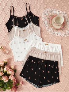 6 Counts Women's Cami Top & Lettuce Trim Shorts Pyjama, Pyjamas for Women, Casual Comfortable Lace Trim Loungewear Set, Women's Clothes, Halloween Pajamas, Ladies Sleepwear Soft Shorts Crop Top, Homewear, Matching Pjs, Lingerie Lace Nightwear