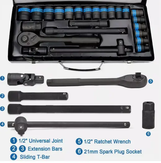 Heavy Duty 1/2" Ratchet Wrench Socket Set 8-32mm Metric Extension Bar Metal Case 1