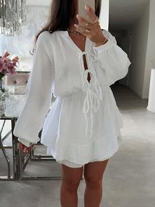 Women's Solid Tie Front Bishop Sleeve Dress, Casual Ruffle Hem Dress for Daily Wear, Ladies Clothes for All Seasons