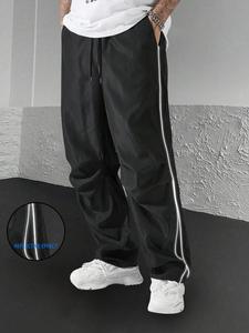 Men's Reflective Tape Drawstring Waist Pants, Street Fashion Casual Fitted Pocket Trousers for Daily Wear, Men's Bottoms for All Seasons, Baggy Jogging Pants, Athletic Activewear