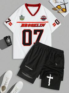 Men's Letter & Number Print Short Sleeve Tee & Shorts Set, Loose Casual Round Neck T-shirt & Track Shorts, Summer Clothes Set for Men