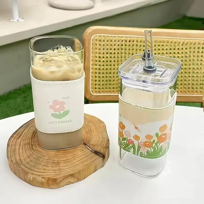 1Pcs Square Heat Resistant Coffee Glass Cup With Lid and Straw Transparent Milk Tea Juice Cups Coffee Mug For Home Bar Drinkware 3