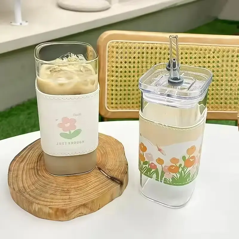 1Pcs Square Heat Resistant Coffee Glass Cup With Lid and Straw Transparent Milk Tea Juice Cups Coffee Mug For Home Bar Drinkware 3