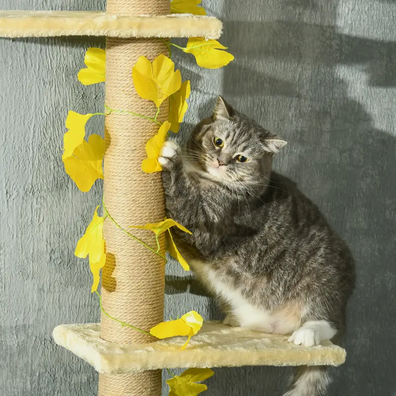 PawHut 202-242cm Height Adjustable Floor to Ceiling Cat Tree for Cats with Sisal Scratching Post, 3- Tier Cat Tower 8