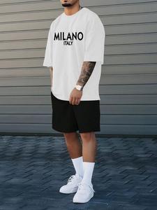 Two-Piece Set Men's Letter Print Tee & Track Shorts Set, Loose Casual Short Sleeve T-shirt & Sweat Shorts, Summer Clothes Set for Men