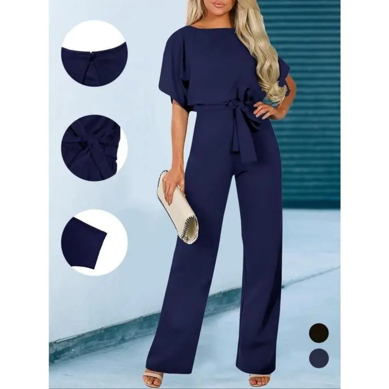 Women's Plain Cut Out Tie Front Batwing Sleeve Jumpsuit, Casual Simple Short Sleeve Straight Leg Jumpsuit for Summer, Women's Clothing 2024,  Fashion Women's One-piece Clothing for Daily Wear, Summer Clothes, Back To School Outfits Womenswear Overalls 4