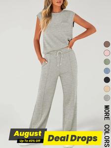 Women's Solid Tank Top & Drawstring Waist Pants Two-piece Set, Minimalist Casual Sleeveless Round Neck Top & Trousers for Daily Wear, Ladies Two-piece Outfits for All Seasons, Loungewear