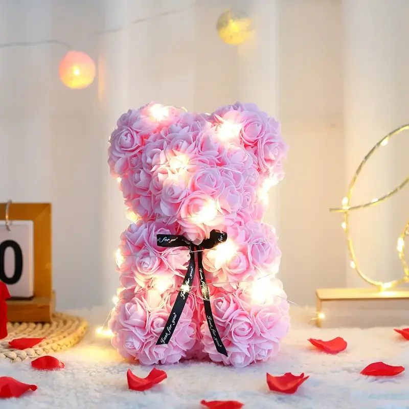 25cm Artificial Teddy Rose Flower Bear with Box Romantic Valentines Day Gift Girlfriend Women Anniversary Wedding Party Supplies 8