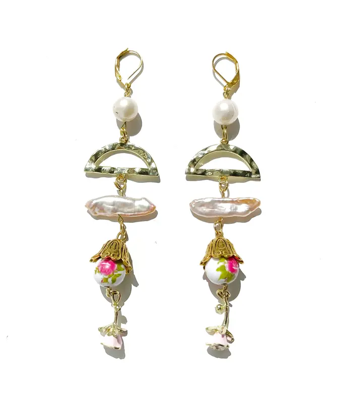 Pearl drop earrings with rose flower charm, white freshwater pearl dangle earrings, statement earrings, summer earrings 6