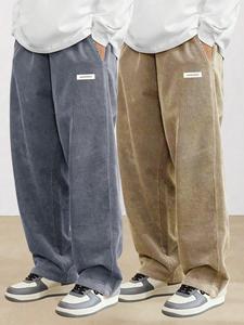 Men's Solid Color Drawstring Waist Corduroy Pants, Loose Casual Comfy Pocket Straight Leg Trousers for Fall & Winter, Men's Bottoms for Daily Wear