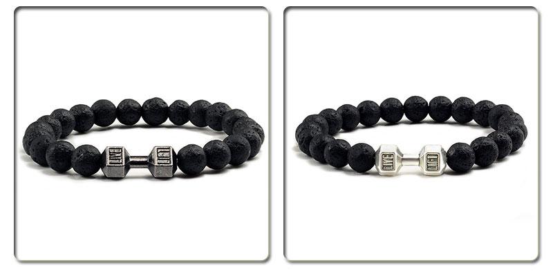 Product Introduction of Natural Volcanic Stone Bracelet Men Matte Black Lave White Beads Charm Dumbbell Strand Bracelets Women Barbell Fitness Jewelry 17
