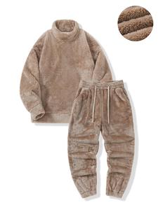 Men's Solid Long Sleeve Pullover & Pants Plush Set, Casual Fashion Cozy Warm Two-piece Set for Daily Outdoor Wear, Men Clothes for Fall & Winter