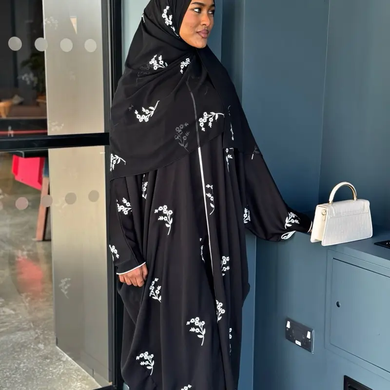 ABAYATOPIA Gulnaaz Black Embroidered Closed Butterfly Abaya with Internal Belt and Matching Hijab 2