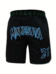 Men's Letter & Number Embroidery Mesh Gym Shorts, Casual Quick Drying Breathable Drawstring Waist Shorts for Basketball Training, Basketball Style Knit Fabric Shorts