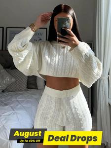 Women's Solid Drop Shoulder Longsleeves Knitted Crop Sweater & High Waist Shorts Set, Basic 2 Piece Sets Women, Casual Fashion Soft Cozy Long Sleeve Knitwear for Daily Outdoor Wear, Co Ords for Women, Ladies Fall Clothes, Womenswear