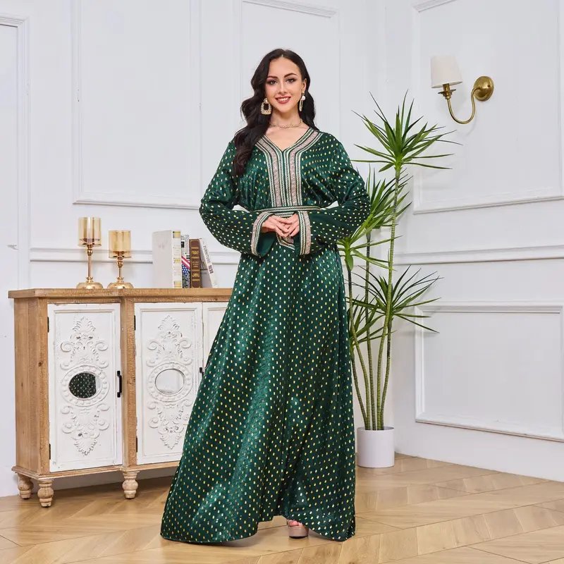 2025 Middle East Women's New V-neck Abaya Robe Muslim Large Swing Long Dress Bronzing Dress 6