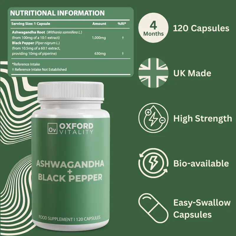 Oxford Vitality - Ashwagandha 1000mg + Black Pepper 630mg - 120 Capsules 2