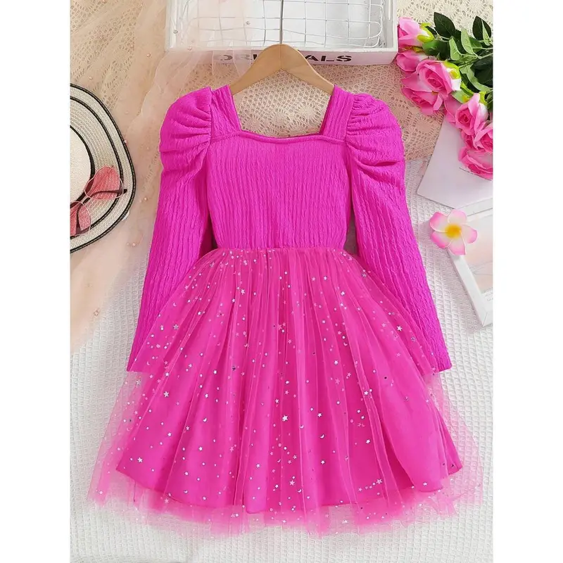 Young Girls Pink Star Sequin Mesh Puff Skirt Bowknot Square Neck Long Sleeve Princess Dress, Spring & Autumn 1