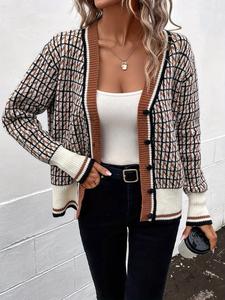 Women's All Over Print Button Front Knitting Cardigan, Lady Casual Comfort Drop Shoulder Long Sleeve Knitwear for Spring & Fall,  Knit Clothing Womenswear