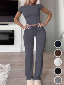 【Plus Size】Two-piece Set Solid Short Sleeve Tee & Drawstring Waist Pants Set, Casual Shortsleeve Round Neck T-shirt & Trousers, Women's Summer Outfits, Minimalist Womenswear, Clothes, Co-ord Sets for Women, Workout Sets Women