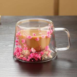 200ml Flower Design Glass Coffee Cup, 1 Count Double Wall Clear Glass Cup with Handle, Heat Resistant Coffee Cup, Milk Cup, Juice Cup, Drinkware for Home and Office, Holiday Gift, Insulated Glass Cup