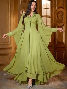 Women's Plain Tiered Layer Hem Button Flounce Sleeve Dress, Elegant Plicated V Neck Long Sleeve A Line Maxi Dresses for Spring & Fall, Women's Clothing for Party & Banquet, Dresses for Women, Summer Dresses 2025